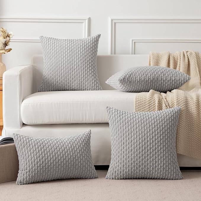 Kevin Textile Decor Solid Decorative Pillow Case Striped Jacquard Cushion Cover for Lumbar Light Grey 12x20 Inch (30x50cm) 2 Pieces