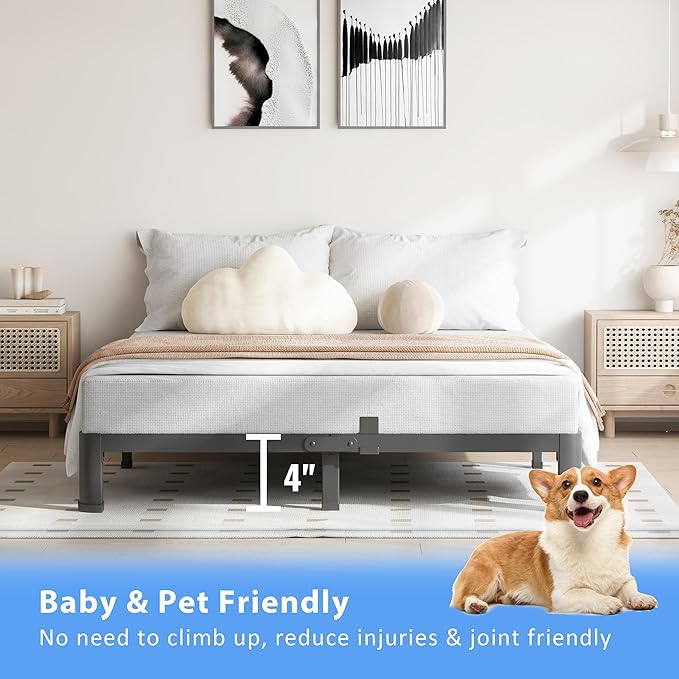 4 Inch Full Size Bed Frame, 3500Lbs Heavy Duty Metal Platform with Round Corner Legs Mattress Slide Stopper, Steel Slat Support No Box Spring Needed, Noise Free, Non-Slip, Easy Assembly