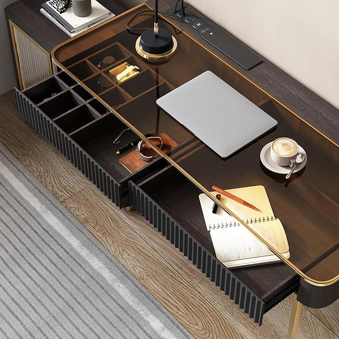 Lartis Office Desk, Very Easy to Assemble, Computer Desk, Home Telescopic Writing Desk, Modern Computer Desk with Retractable Cabinet Built-in LED Lights (Black Brown, 47 in)