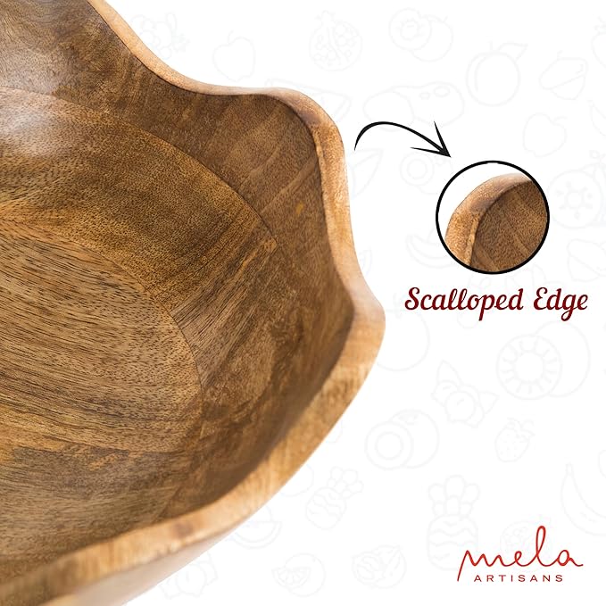 Mela Artisans Scalloped Decorative Wooden Bowls Set of 2 |12 Inch &10 Inch Mango Wood Fruit | Serving Bowls | Natural Grain Texture | Kitchen Counter | Snacks | Desserts | Bread | Handcrafted Decor