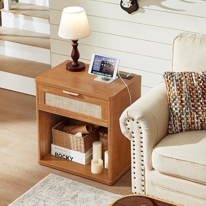 LEYAOYAO Rattan Nightstands Set of 2 with Charging Station, 23" Wide Boho Night Stand with Drawer, Natural Wood Bedside Table Open Cabinet, Bed Side End Table Dresser for Bedroom, Living Room, Hallway