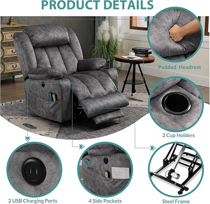 MEETWARM Large Power Lift Electric Recliner Chair with Extended Footrest for Elderly Big Tall Man, Overstuffed Wide Recliner with Massage and Heat, 2 Remote Controls/USB Ports/4 Side Pockets(Grey)