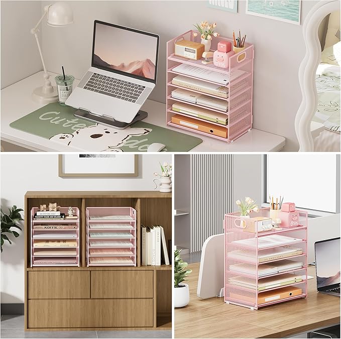 Subekyu 6 Tier Office File Paper Desk Tray Organizer with Handle, Stackable Slide Mesh Letter Tray Folder Pink Desk Organizer, Desktop Document Sorter for Classroom, Office, Home Supplies Storage