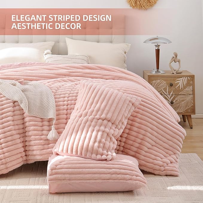 Smoofy Fluffy Queen Size Comforter Set 3 Pieces - Blush Pink Fleece Fluffy Comforter Set, Luxury Fuzzy Queen Bedding, Soft Warm Queen Bed Set All Season, Heavy Faux Fur Comforter with 2 Pillow Cases
