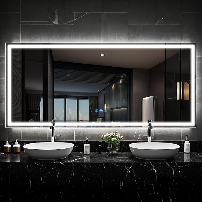 Antok 72"x 32" LED Bathroom Mirror with Lights, Anti-Fog, Dimmable, Lighted Vanity Mirror with Tempered Glass, Memory Function, 3 Light Modes, Safe Use, Horizontal, Vertical