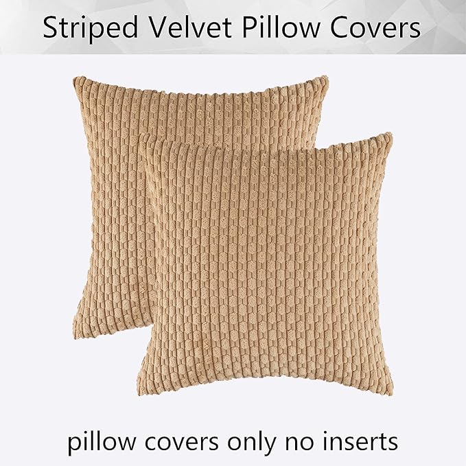 Kevin Textile Pack of 2 Tan Corduroy Decorative Throw Pillow Covers 16x16 Inch Soft Boho Striped Pillow Covers Modern Farmhouse Home Decor for Autumn Sofa Living Room Couch Bed
