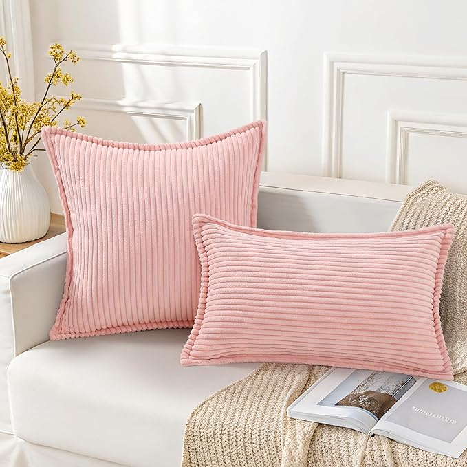 Mecatny Corduroy Throw Pillow Covers 16x16 Set of 2, Neutral Decorative Soft Boho Couch Pillow Covers with Broadside for Sofa Living Room, Pink