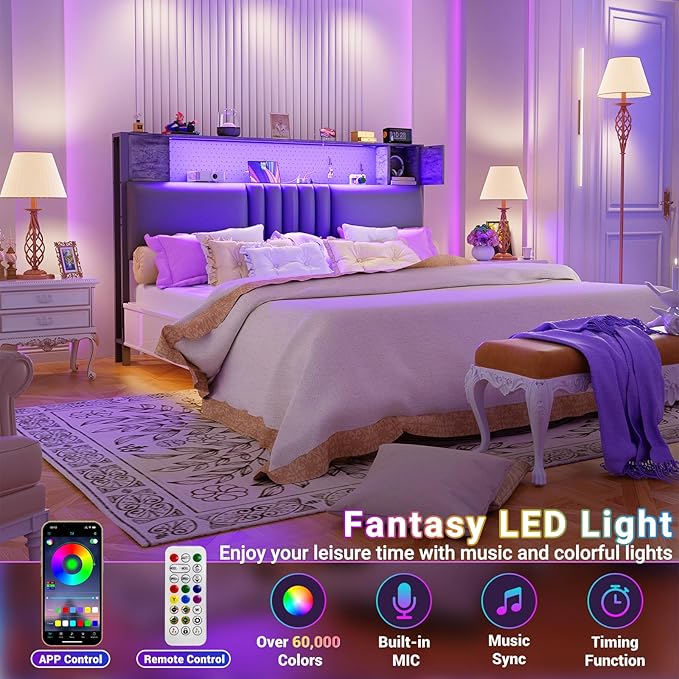 Unikito Headboard for Full Size Bed with Storage and Cabinet, Black Upholstered Headboards with Outlets, USB Ports, and DIY Color of LED Light, Full Head Board Only, Comfortable Headboard,Black Oak