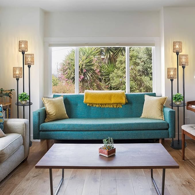 Boho Floor Lamp with Shelves, 3-Lights Farmhouse Tall Floor Lamp with ON/Off Foot Switch, Rustic Standing Lamp with Rattan Shades for Living Room Bedroom Office