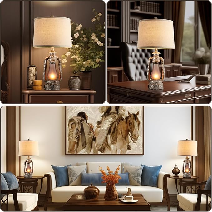 RORIANO Farmhouse Rustic Table Lamps for Living Room Set of 2,Vintage Lantern Table Lamp with Dual USB Ports, 25" Tall Retro Bedside Lamp for Bedroom Nightstand, 4 Bulb Included (Iron Gray)
