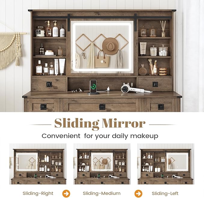 AOGLLATI Farmhouse Makeup Vanity Desk with Lights & Charging Station,Vanity Desk with Mirror and Lights, 47.2” Large Brown Vanity Table with Ample Storage Space and Sliding Mirror (Oak Brown)