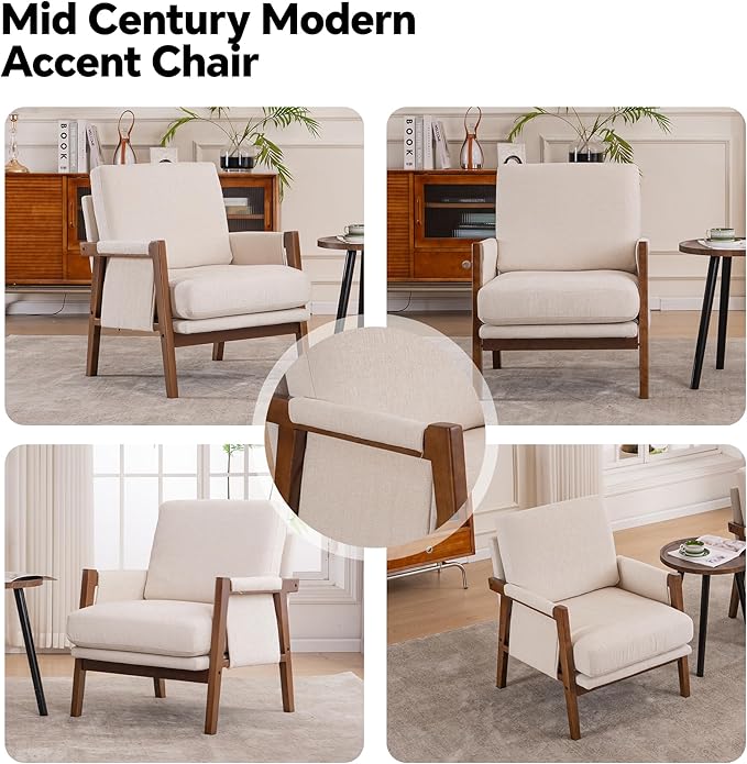 Mid Century Modern Accent Chair with Wood Frame, Upholstered Living Room Chairs with Wide Armrest, Chenille Fabric Comfy Arm Chair for Bedroom, Reading Room, Balcony, Beige