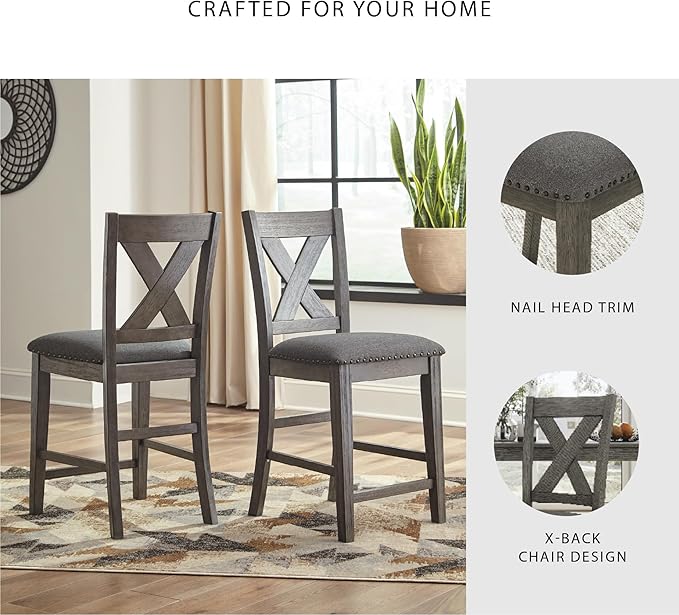 Signature Design by Ashley Caitbrook Casual Counter Height Dining Table and Upholstered Bar Stools with Nailhead Trim, Set of 7, Gray