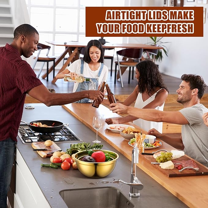 7 Pack Gold Mixing Bowls with Airtight Lids Stainless Steel Mixing Bowl, Metal Nesting Organizers and Stainless Steel Colander Set for Baking Serving Food (0.8,1,1.5,2.0,2.5,4.0 Qt)