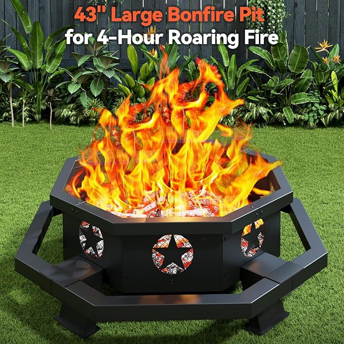 ZIENLIFE 43 Inch Fire Pit for Outside Wood Burning, Outdoor Octagonal Fire Pit with Poker, Large Firepit for Camping, Backyard, Patio, Black