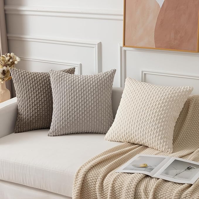 Kevin Textile Throw Pillow Covers Soft Corduroy Decorative Set of 2 Boho Striped Pillow Covers Pillowcases Farmhouse Home Decor for Couch Bed Sofa Living Room 16x16 Inch Light Brown