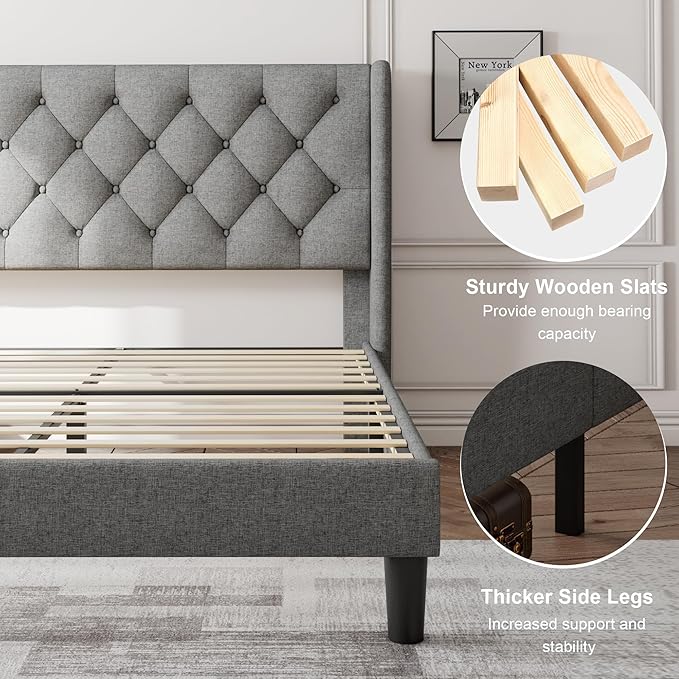Feonase Full Size Bed Frame with Upholstered Wingback Headboard, Platform Bed and Heavy Duty Wooden Slats Support, Easy Assembly, Noise-Free, No Box Spring Needed, Light Gray