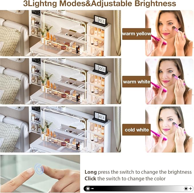 Makeup Vanity Desk with Mirror and Lights & Charging Station,Modern Glass Top Big Vanity Table with 5 Drawers,Sliding Storage Wall-Mounted Jewelry,3 Shelves for Bedroom,White