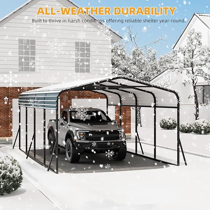 12' x 20' Heavy Duty Metal Carport with Galvanized Steel Roof, Metal Roof Carport with Enhanced Base, Tall Metal Carport Kits Garage for Tractors, Pickup, Boat, Car