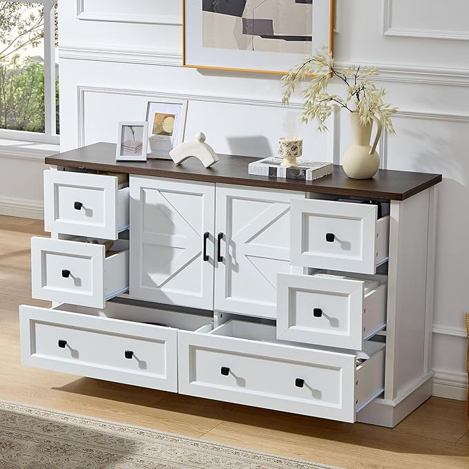 LIDYUK 6 Drawer White Dresser for Bedroom Farmhouse Dresser Chest of Drawers, 55" Wide Clothes Organizer with Storage Cabinet Wood Chest of Drawers for Bedroom, Living Room