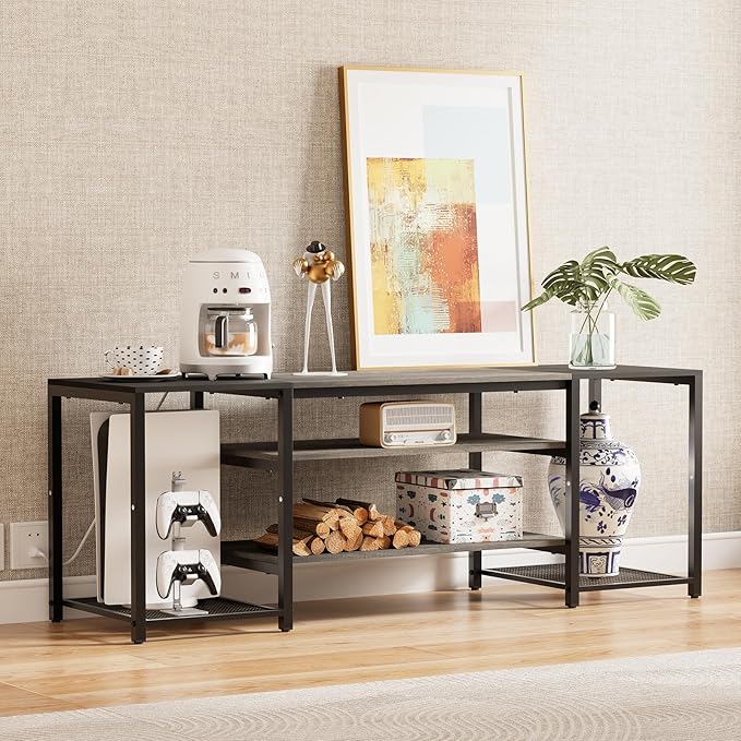Modern Television Stand for 65 Inch TVs with Industrial Color Grey & Black, Metal Frame Storage Shelves with Open 3-Tier for Entertainment Center, Bedroom, Living Room