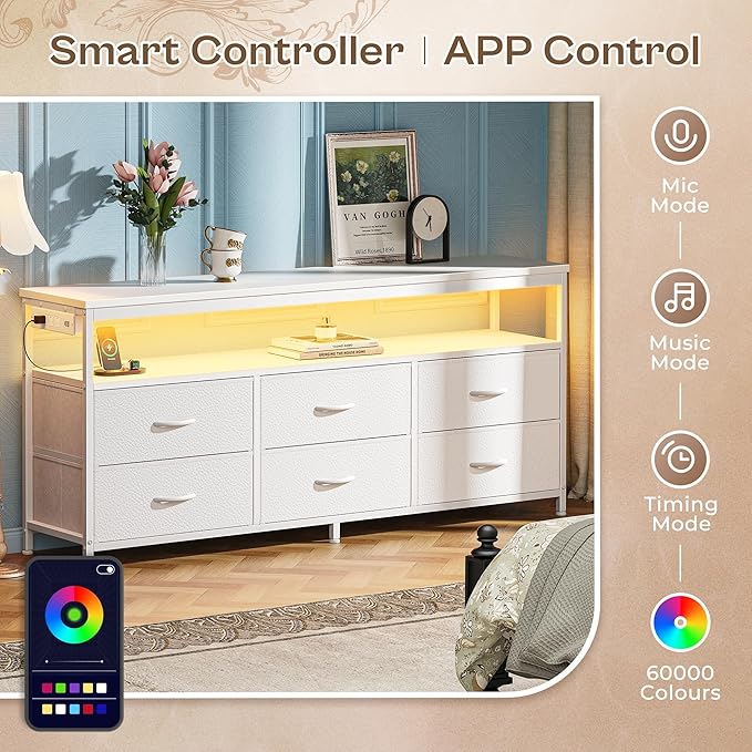 Huuger LED TV Stand for Bedroom, 55 Inch Fabric Dresser with Power Outlets, Entertainment Center for 60, 55, 50 Inch TV, 6 Drawer Dresser for Bedroom, Chest of Drawers with Shlef, PU Leather, White