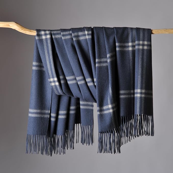 CUDDLE DREAMS Premium Cashmere Throw Blanket with Fringe, Luxuriously Soft (Plaid Blue)