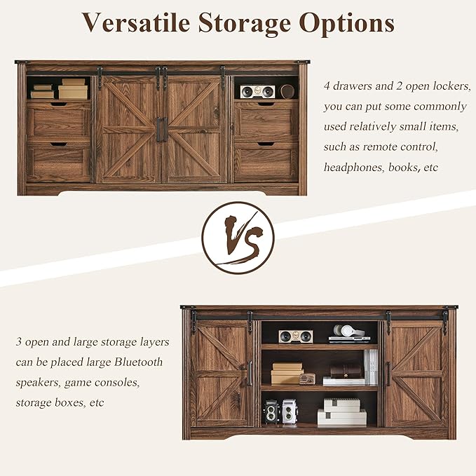 LINGMU Farmhouse TV Stand for 75 80 Inch TV, 32" Tall Entertainment Center w/4 Drawers & Sliding Barn Door, Rustic Media Console w/Storage Shelves, 66" Wood Television Stand for Living Room, Brown