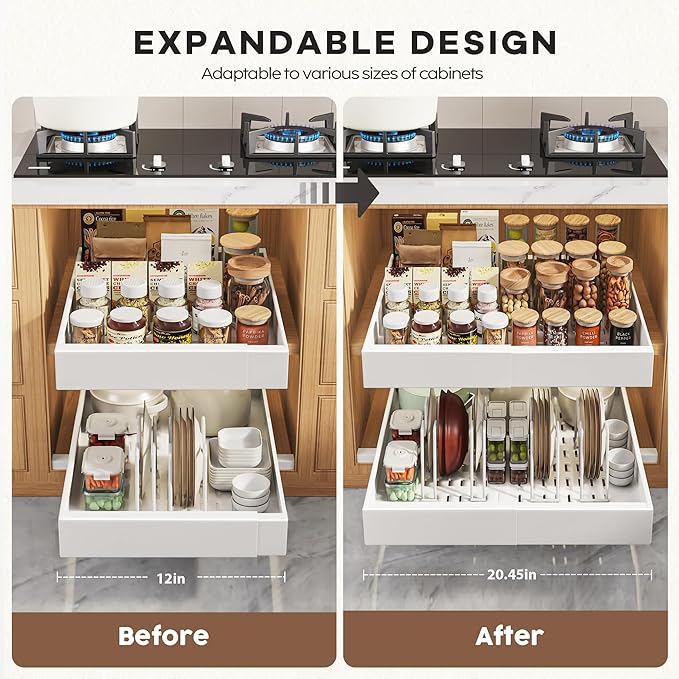 4Pack Expandable Pull Out Cabinet Organizer 21"Deep with Raising Pad for Framed Cabinets,Slide Out Drawers with 4pcs Divider Racks,Roll Out Shelves Adhesive,Adjustable Width 12.05"-20.4"White