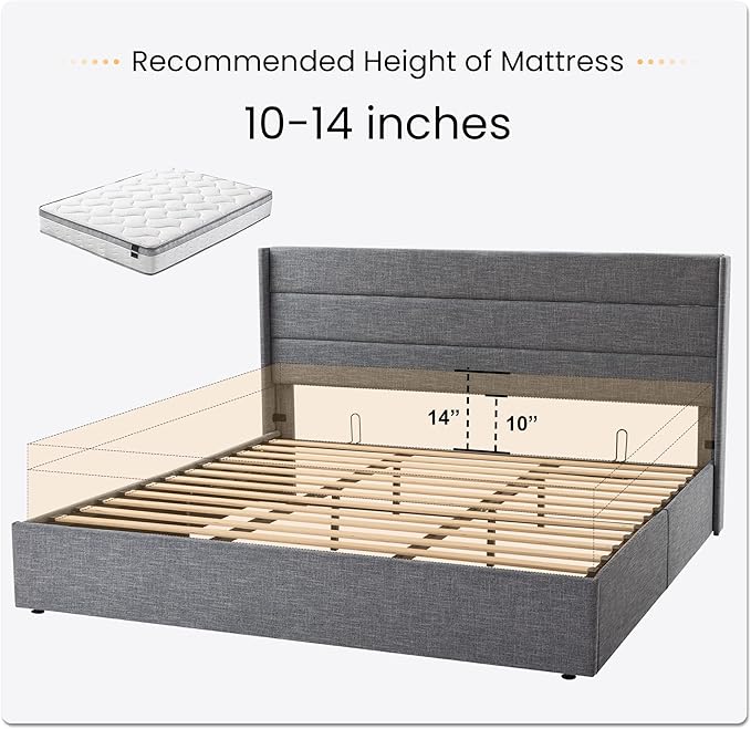 SHA CERLIN King Size Lift Up Storage Bed/Modern Wingback Headboard/Upholstered Platform Bed Frame/Hydraulic Storage/No Box Spring Needed/Wood Slats Support/Grey Blue