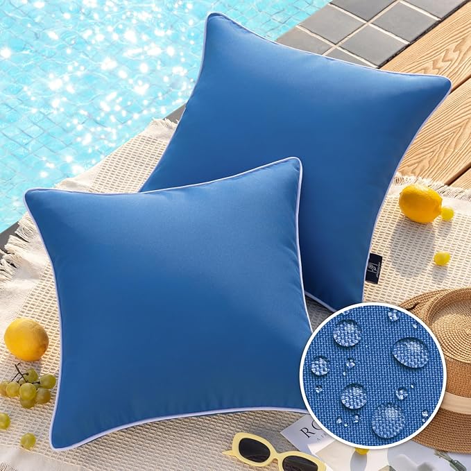 Phantoscope Pack of 2 Outdoor Waterproof Solid Throw Decorative Pillow Cover Decorative Square Outdoor Pillows Cushion Case Patio Pillows for Couch Tent Sunbrella, Blue 20x20 inches 50x50 cm