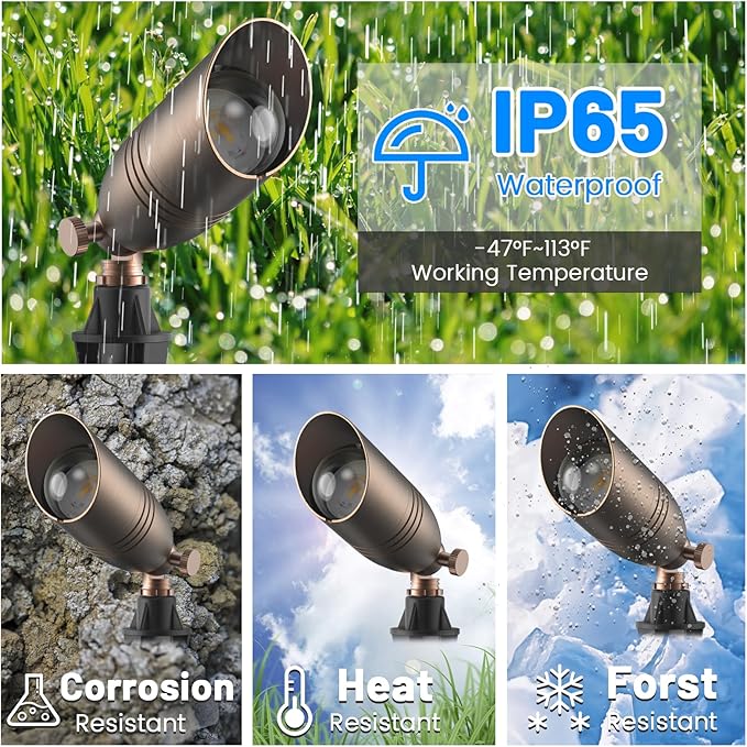 ZONEGRACE Solid Brass 12V Low Voltage Landscape Lighting,Heavy-Duty Waterproof Outdoor LED Spotlights Fixtures with Connectors, Bronze Uplights & Accent Lights,MR16 Bulb Not Included (Classic,6 Pack)