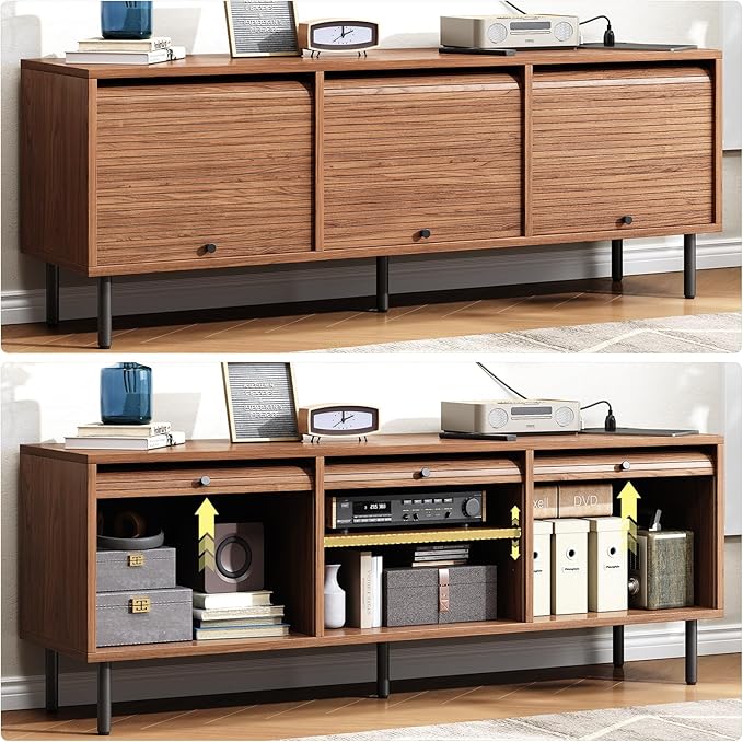 59 Inch TV Stand for TVs up to 65 Inch, Entertainment Center with Power Outlet, Mid-Century Modern TV Console with Storage, Adjustable Shelf & Sliding Doors, TV Stand for Living Room, Walnut