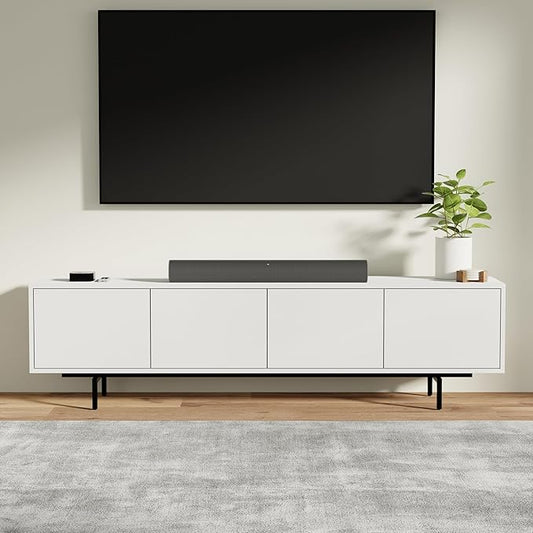 Norrhaus 75" x 20" 4-Door TV Stand in White - Modern TV Console Made from Quality Engineered Hardwood with Water Resistant Melamine Veneer - No Tools Frame Assembly