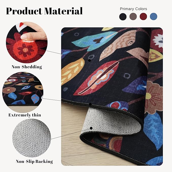 Door Mat Indoor Entrance 2x3 Rug Floral Tree Machine Washable Small Area Rug Bohemian Non-Slip Low Pile Throw Rugs for Entryway, Kitchen, Front Door Indoor Entrance, Entry, Kids Room, Black