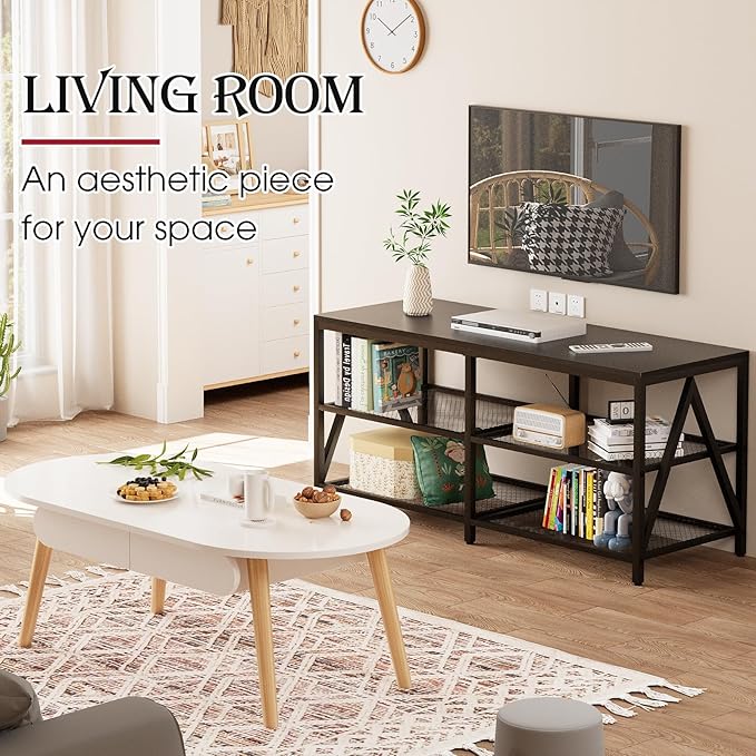 TV Stand for TVs up to 60 Inch, 43" Long Industrial TV Console Table with 3-Tier Storage Shelves, Entertainment Center for Living Room, Bedroom (Black)