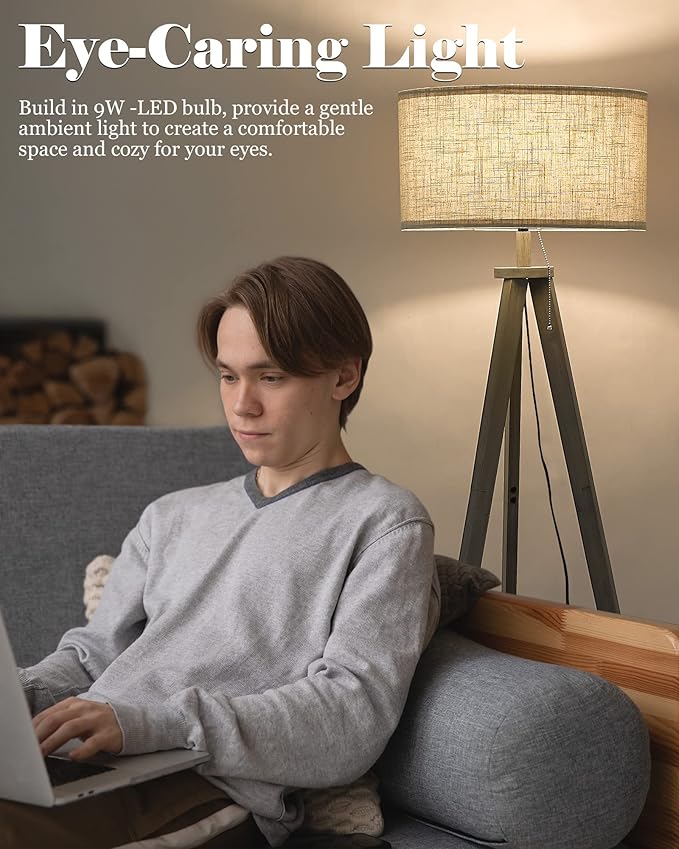 ELYONA Tripod Floor Lamp with 3 Color Temperatures LED Blub, Wood Floor Lamp with Table - Farmhouse Tall Reading Standing Light for Living Room, Bedroom, Office, Study Room, Pull Chain Controls, Grey