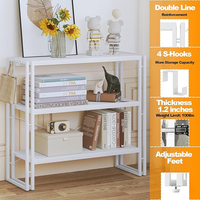 HCHQHS Bookshelf, 3-Tier Industrial Bookcase, White Open Book Shelf, Freestanding Horizontal Bookshelves with Metal Frame