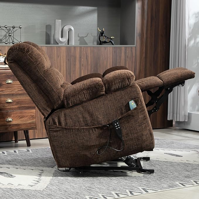 3-Motor Lift Chair with Adjustable Seat Height Zero Gravity Lay Flat Recliner with Heat Massage - Flip Arm Storage Cup Holders - Power Lift Recliner for Elderly – Big Tall 400 lbs (Dark Brown)