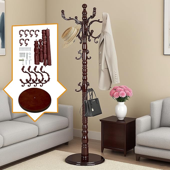 73”Vintage Wooden Coat Rack，With 14 Hooks and Sturdy Round Base.Sturdy and Durable Standing Coat Racks，Adjustable Wooden Freestanding Coat Rack for Corridors, Offices, Porch，Bedrooms (Mahogany)