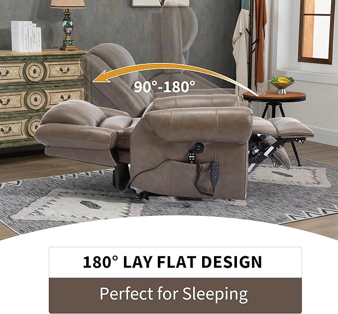 Dual Motor Power Lift Chair, Lay Flat Recliner Chair, Electric Recliner with Massage and Heat for Elderly, Remote Control, Infinite Position, Standing Assistance, USB Ports (Khaki, Genuine Leather)