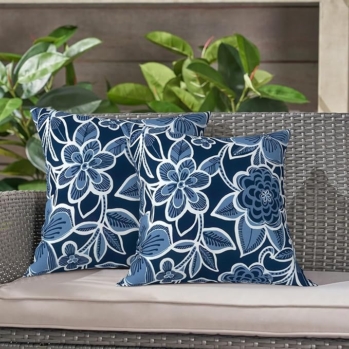 LVTXIII Outdoor Throw Pillow Covers 20 x 20 Inch, Covers ONLY Modern Cute Pattern Decorative Square Toss Pillow Case Pack of 2 for Home Patio Garden Sofa Bed Furniture, Flower Navy