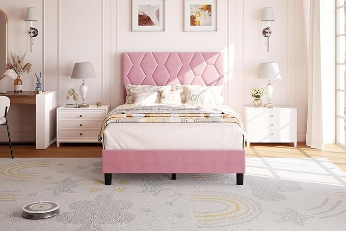 GAOMON Pink Twin Bed Frame with Upholstered Headboard, Heavy-Duty Platform Bed Frame with Strong Wood Slats, No Box Spring Needed/Noise Free/Easy Assembly