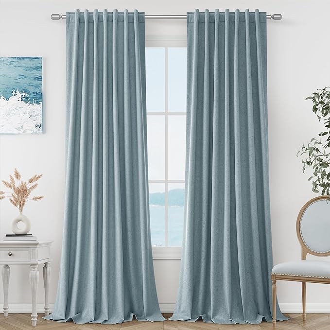 Guken Blue Linen Blackout Curtains 95 Inch Length 2 Panels Set for Living Room Bedroom Back Tab Thermal Insulated 100% Black Out Linen Drapes Room Darkening Window Curtains 95 Inches Long Dusty Blue