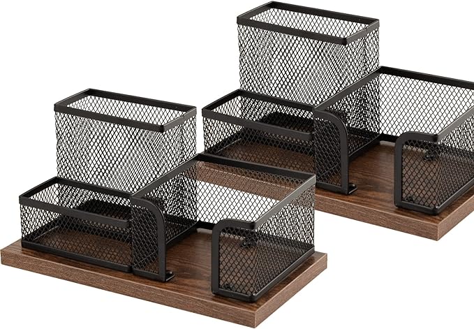 Antique Wood & Mesh Pen Holder Office Supplies Caddy, Storage Baskets for Desktop Accessorieswith Sticky Notes Holder,3 Compartments(2 Pack Black)