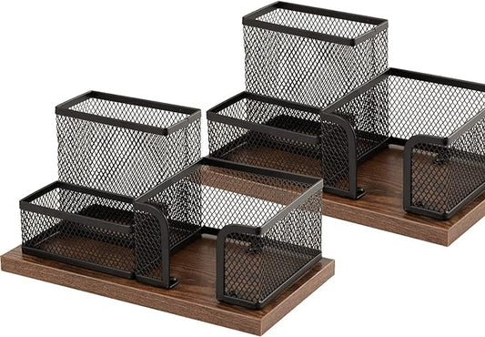 Antique Wood & Mesh Pen Holder Office Supplies Caddy, Storage Baskets for Desktop Accessorieswith Sticky Notes Holder,3 Compartments(2 Pack Black)
