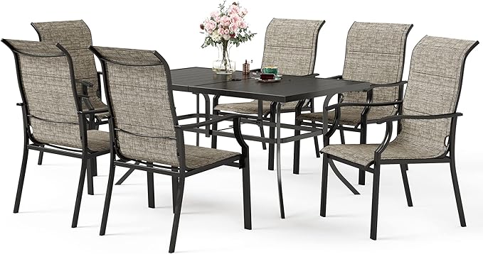 7 Piece Patio Dining Sets for 6, Metal Outdoor Table and Chairs Set with 1 Patio Dining Table(1.57-1.9" Hole) and 6 Textilene Patio Dining Chairs, Outdoor Dining Set for Deck Backyard