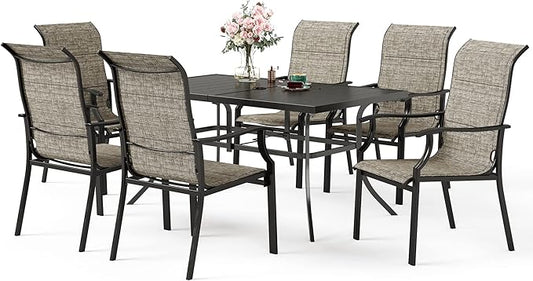 7 Piece Patio Dining Sets for 6, Metal Outdoor Table and Chairs Set with 1 Patio Dining Table(1.57-1.9" Hole) and 6 Textilene Patio Dining Chairs, Outdoor Dining Set for Deck Backyard