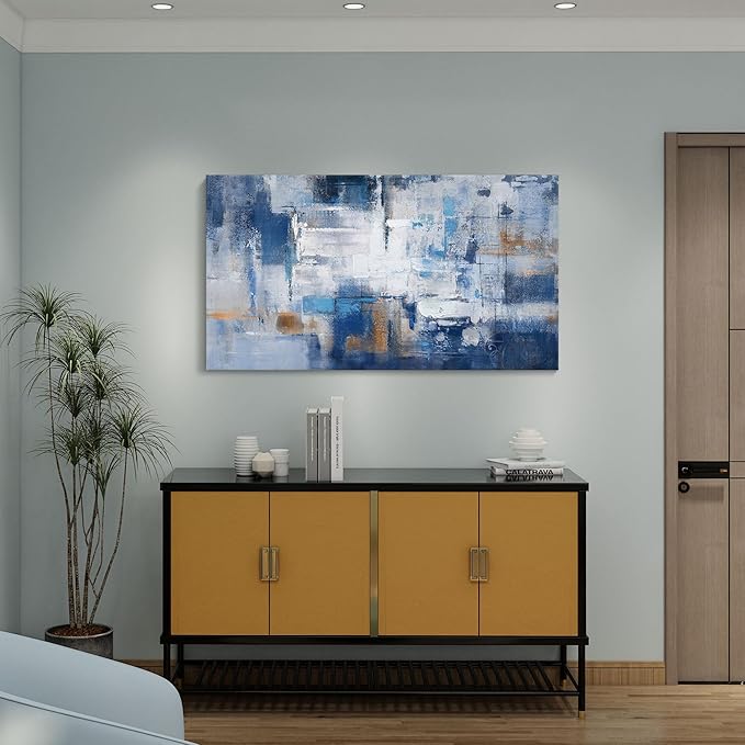 KLAKLA Blue Wall Decor - Abstract Canvas Wall Art for Living Room - Artistic Elegance Unveiled in a Beautiful Wooden Frame & Blue and White Pictures for Office Bedroom Wall Decoration