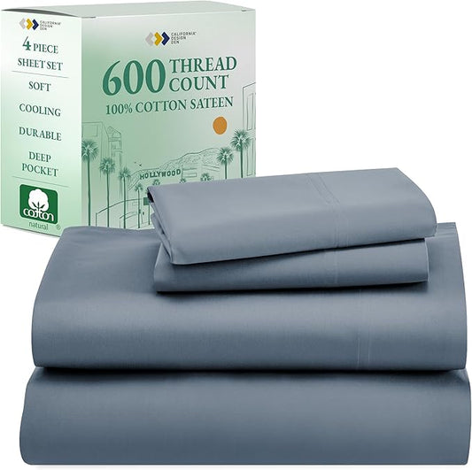 CALIFORNIA DESIGN DEN 5-Star Hotel 600 Thread Count 100% Cotton Sheets Set - Soft & Smooth Queen Bedding Set with Deep Pockets, Quality Beats Egyptian Cotton Claims (Pastel Blue)